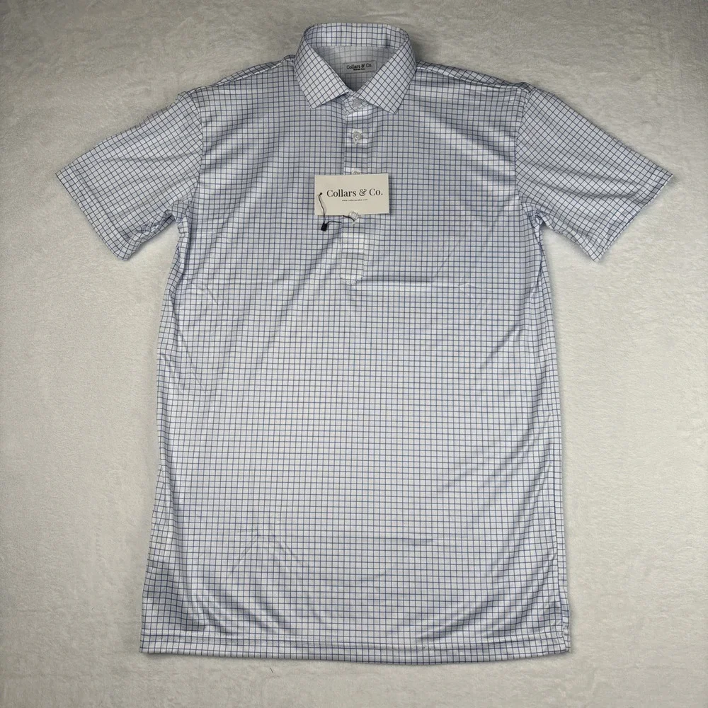 NWT Collars and Co Polo Medium Tall Semi-Spread Thin Blue Check Mens Golf Career - Picture 2 of 7